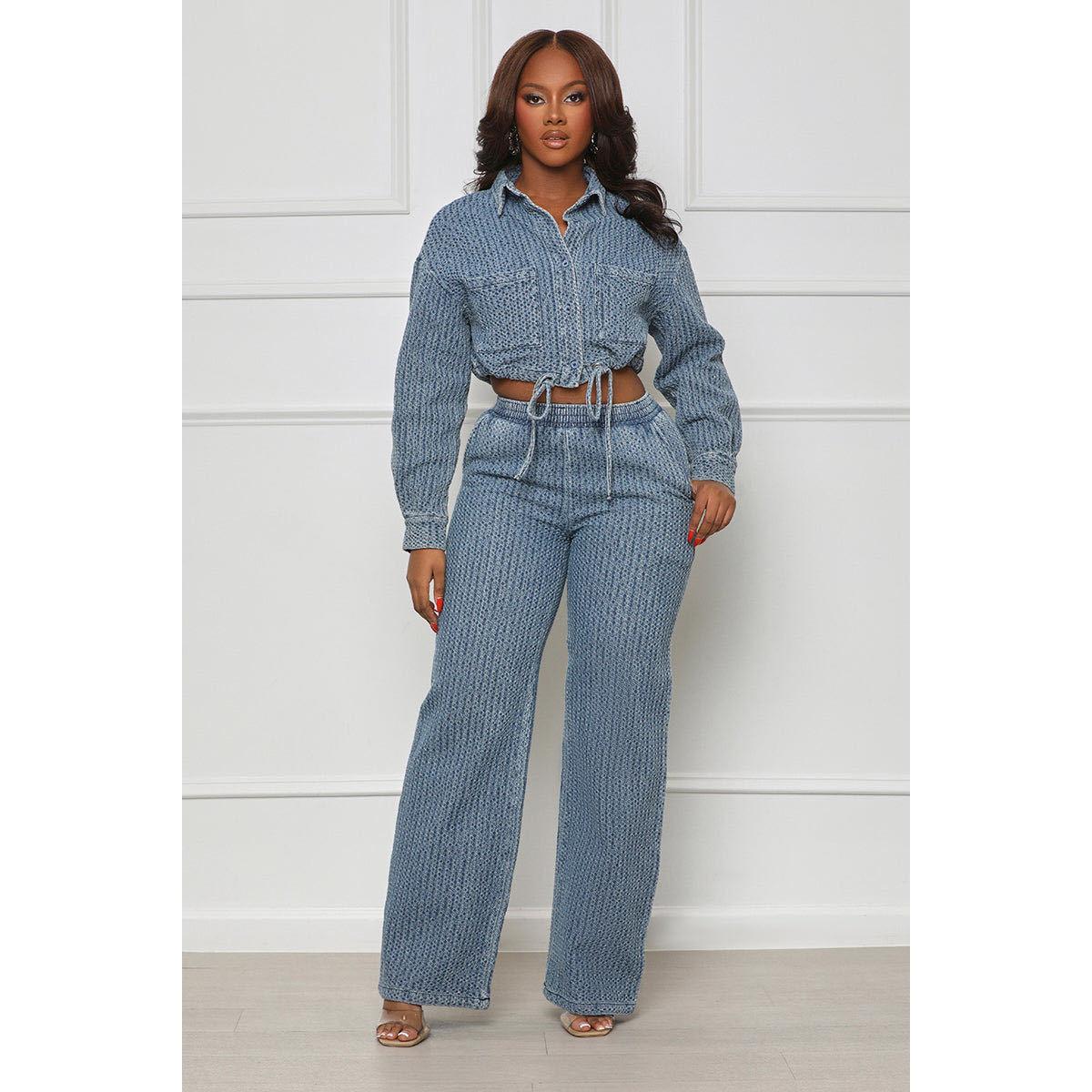 HA6303 Fashion, Long Sleeve Pants, Denim Women's Two-piece Set