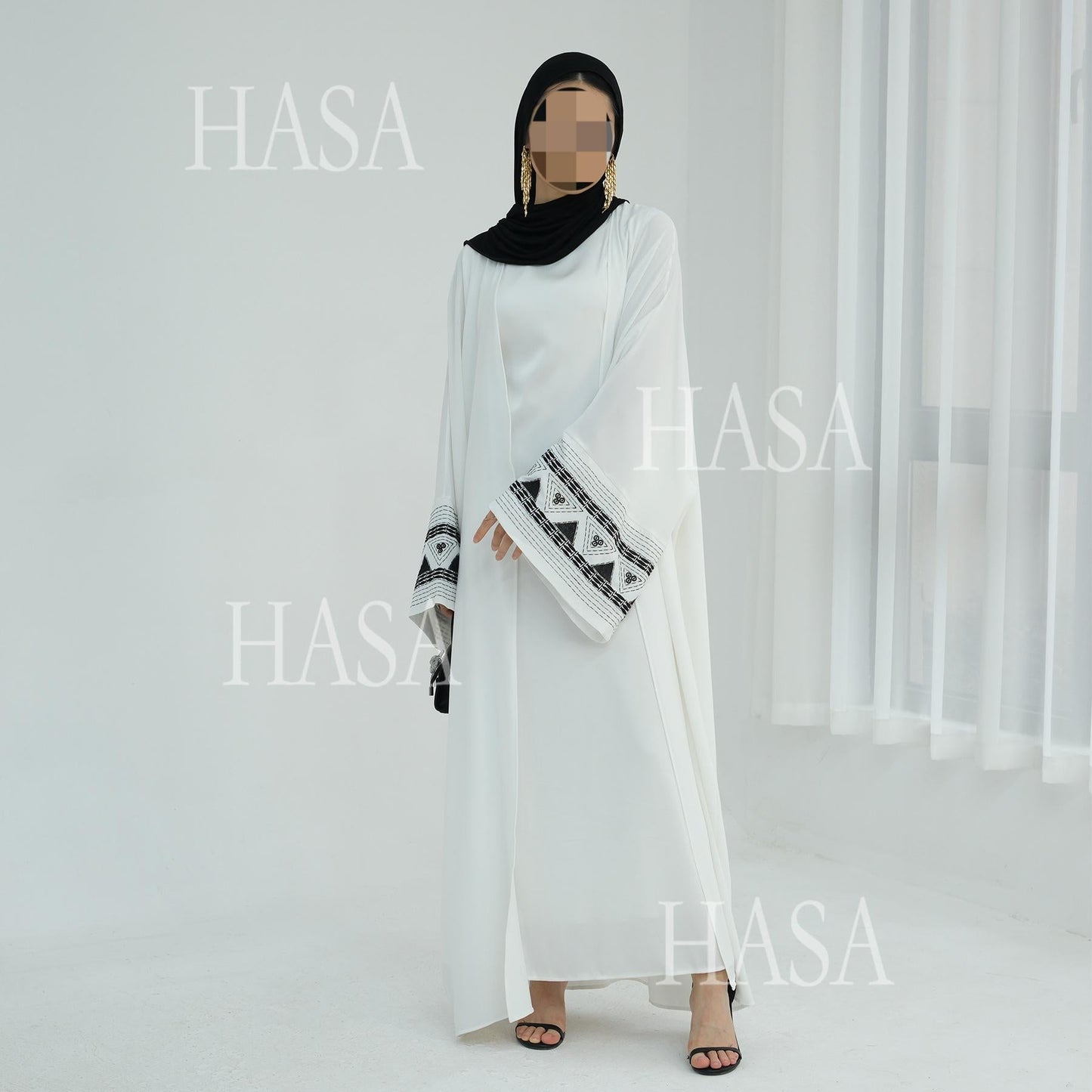 HASA's Series HA6506 Long Wide Sleeve Embroidered Robe Cardigan (No Headscarf)