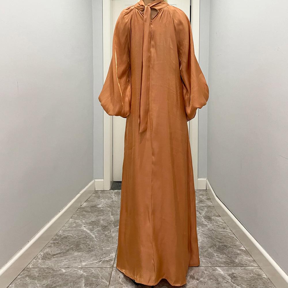HAYA10043 HAYA  Large Lantern Sleeves Long Bright Silk Dress Stand Up Collar Back Tie Women's Dress Abaya
