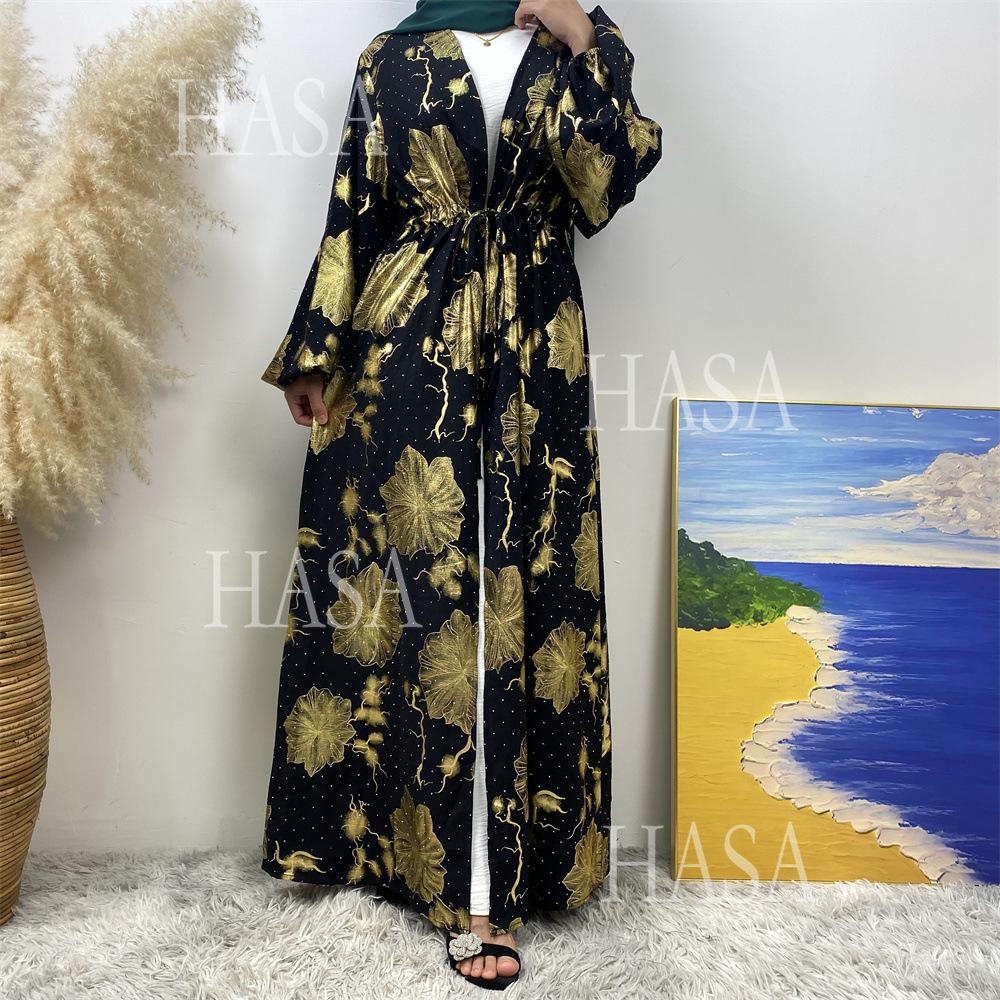 HA6589 Gold-stamped long cardigan with a flowing design