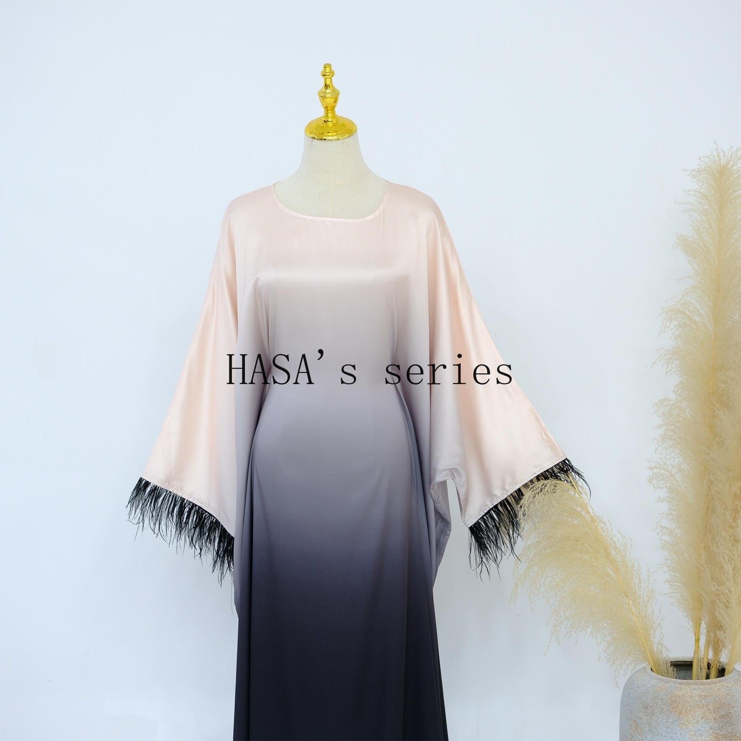 HS5111 Gradient-colored Fringed Long Dress, Romantic Dress with Batwing Sleeves.