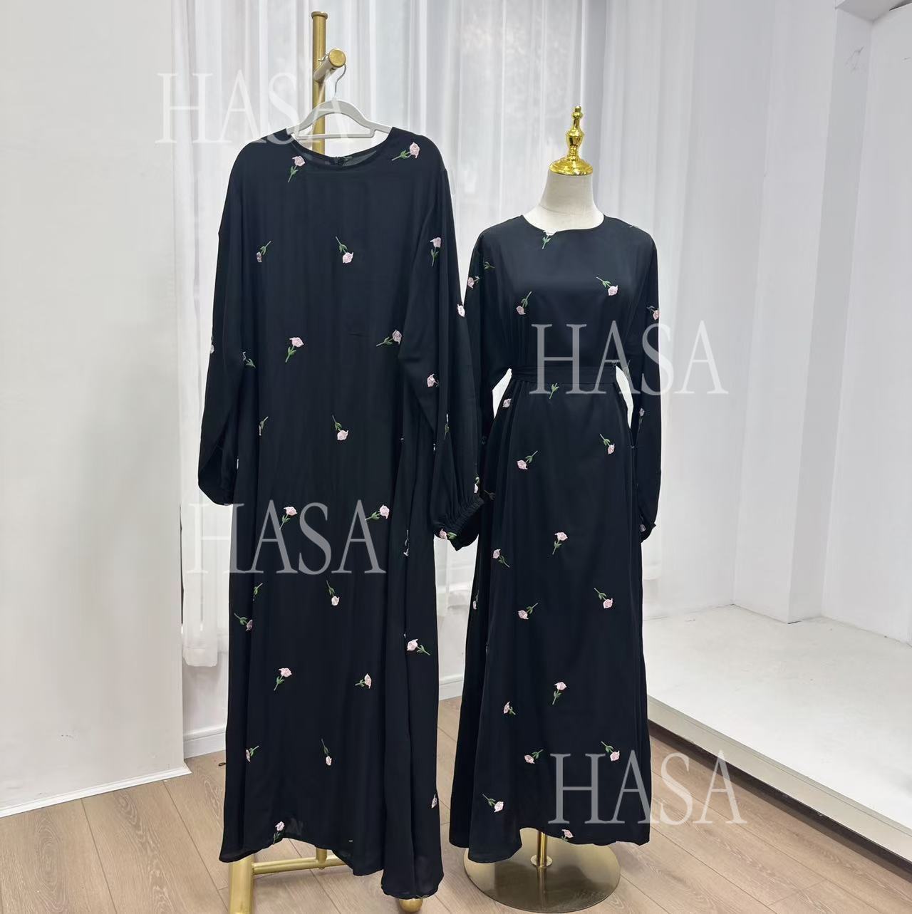 HA5871 Flower Embroidered Two-piece Dress | Elegant Swing + Belt Design