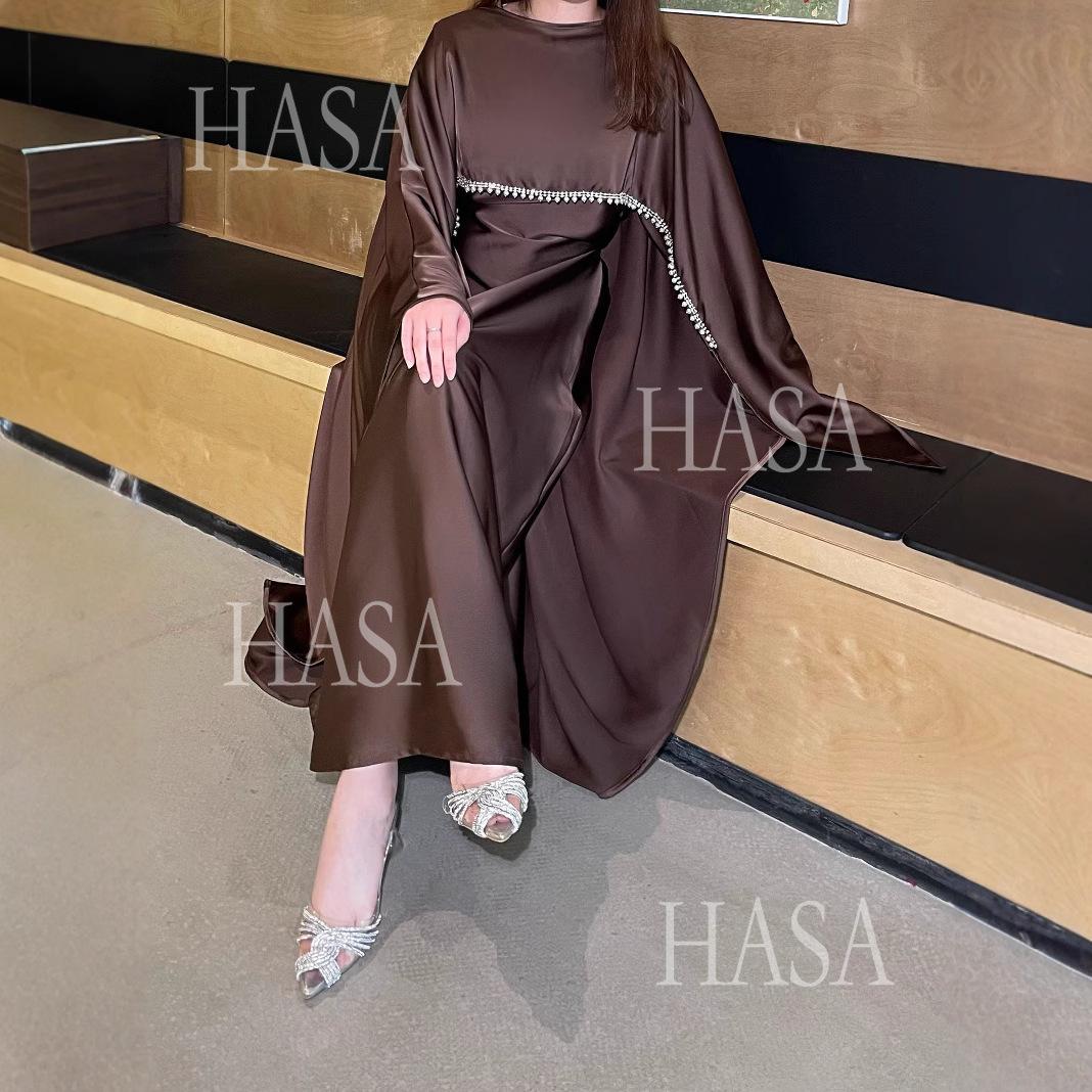 HA6476 Long Sleeves Glossy Robe with Pearl Embellishment