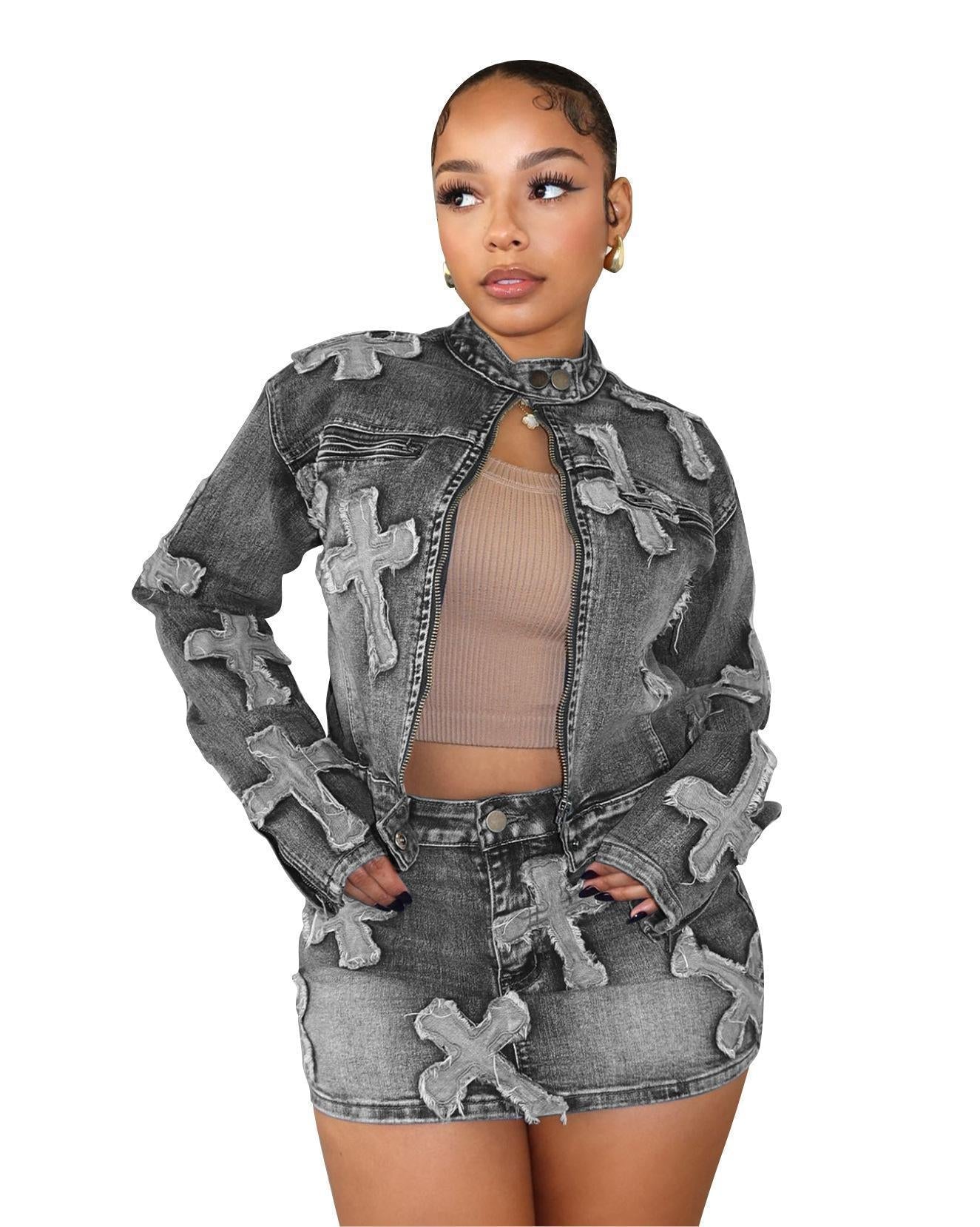 HS6391 Primavera Nuovo Set Gonna in Denim Set Giacca Gonna Ricamata in Denim