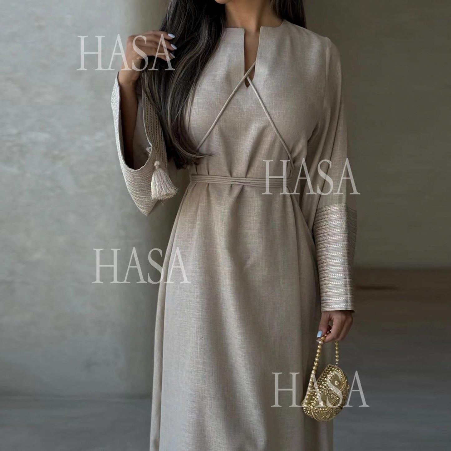 HA6490 Embroidered Panel Sleeve Long Dress