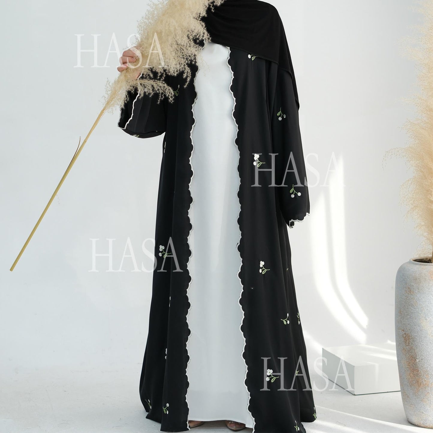 HA6472 Longline Cardigan with Delicate Floral Details and Curved Edging