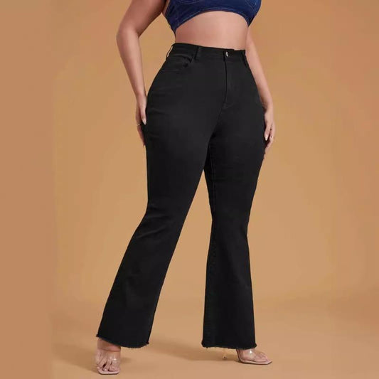 HS2331 Plus Size Black Stretchy Frayed-hem Wide-leg Flare Jeans