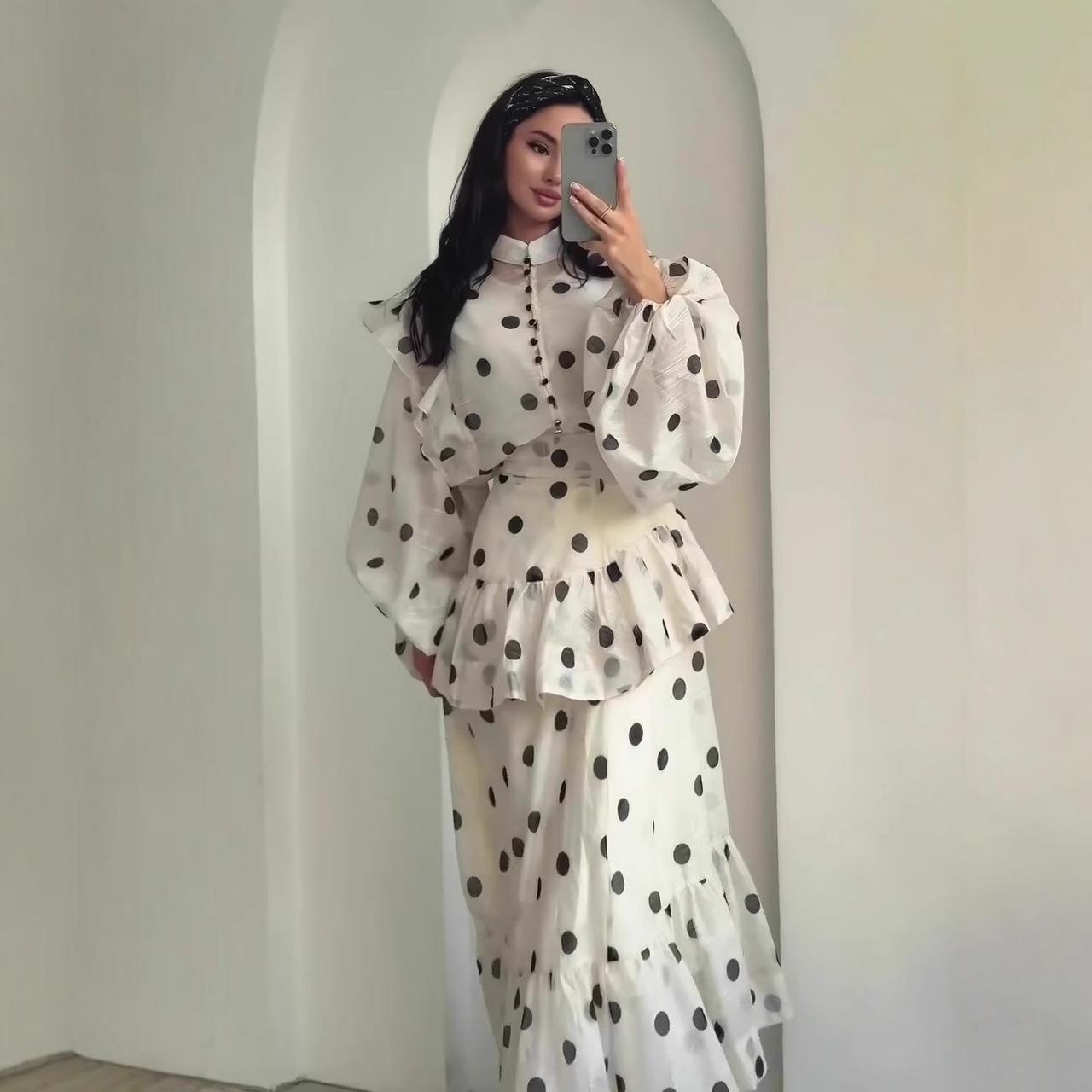 HS6732 Vintage Polka Dot Co-ord Set Puff Sleeve Blouse & Long Ruffle Skirt Outfit