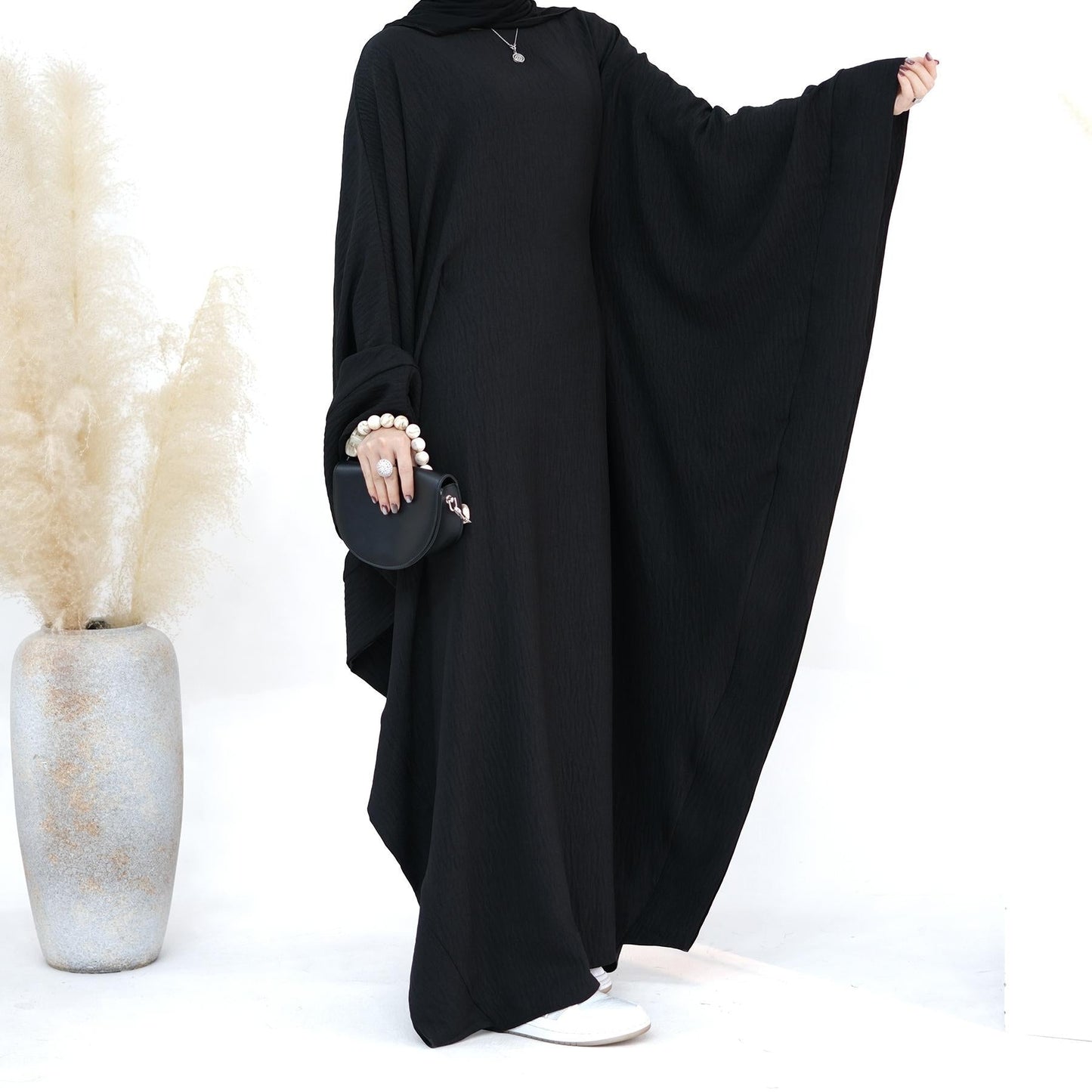 HAYA HA1177 Waist Raging Bat Sleeves Dress Crepe Kaftan with Built-in Belt