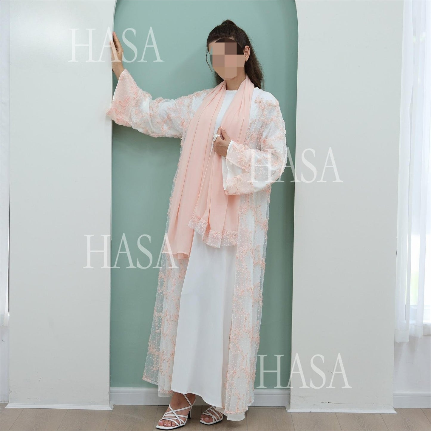 HA6622 3D flower mesh cardigan (optional headscarf and inner layer)