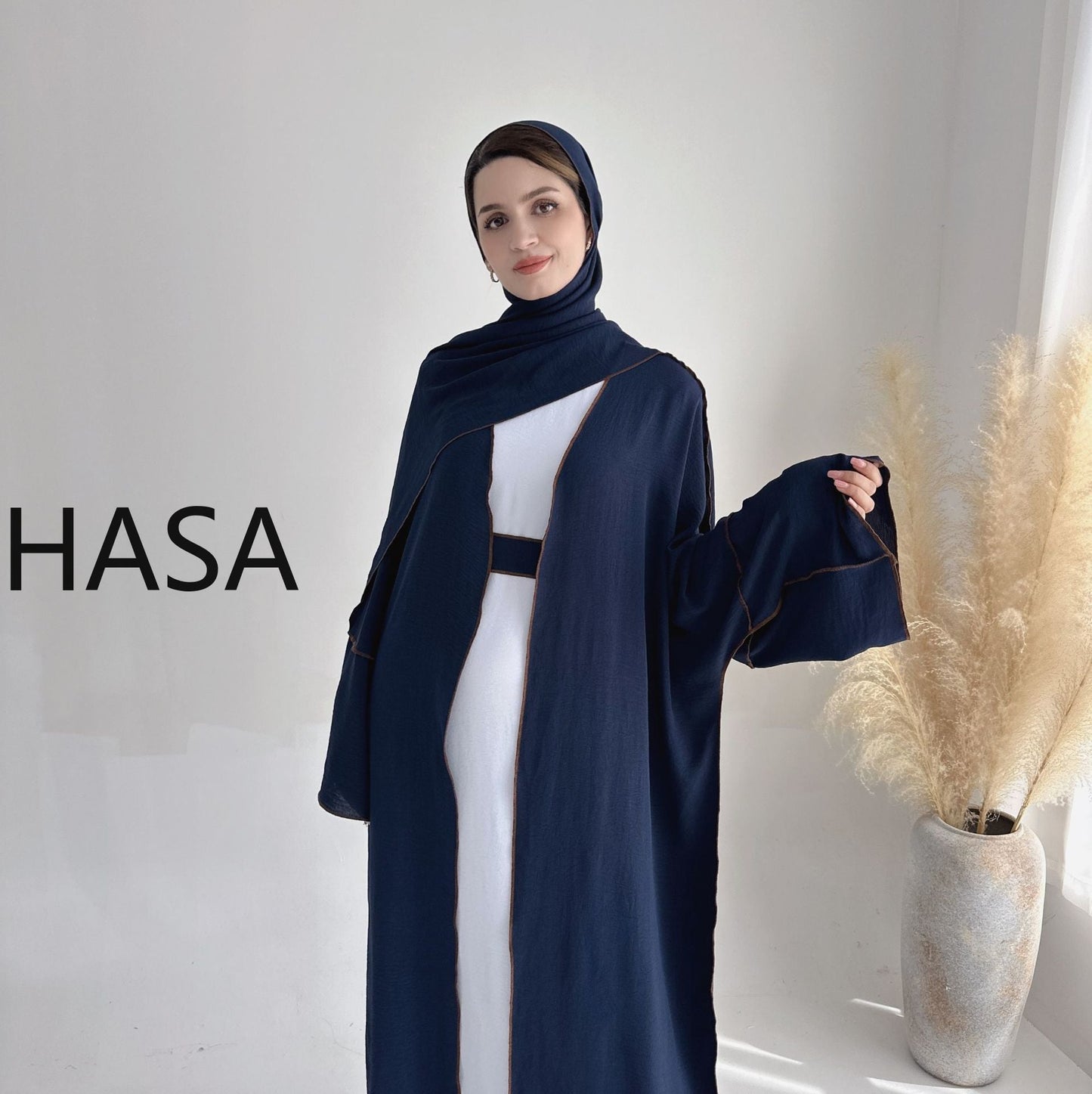 HASA HA1246H 2 PCS SET Crepe Solid Color Loose Hem Cardigan Robe with Hijab