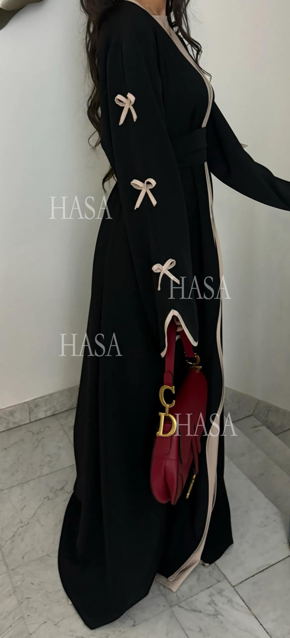 HA5883  A Two-piece Robe and Skirt Set with A Soft Bow and A Belt Design open abaya outfit