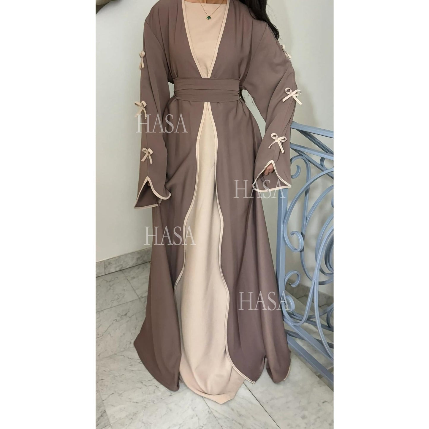 HA5862 Elegant Wavy-edge Bow Robe (with Belt) for A Feminine Look