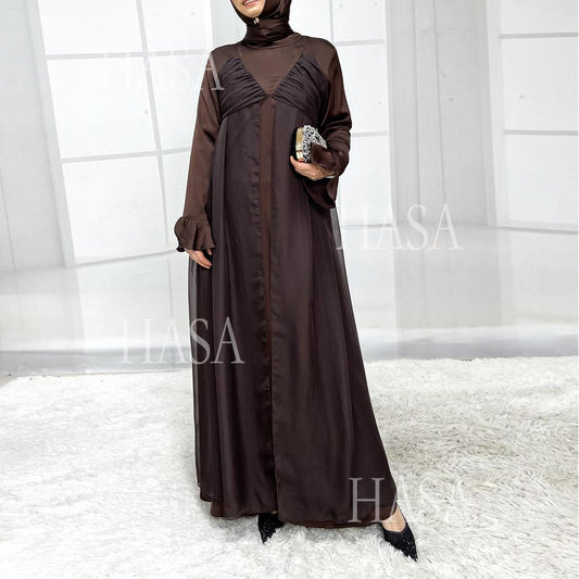 HS5858 Elegant Bright Satin Robe (without Headscarf), Clever Splicing Creates Multi-faceted Charm