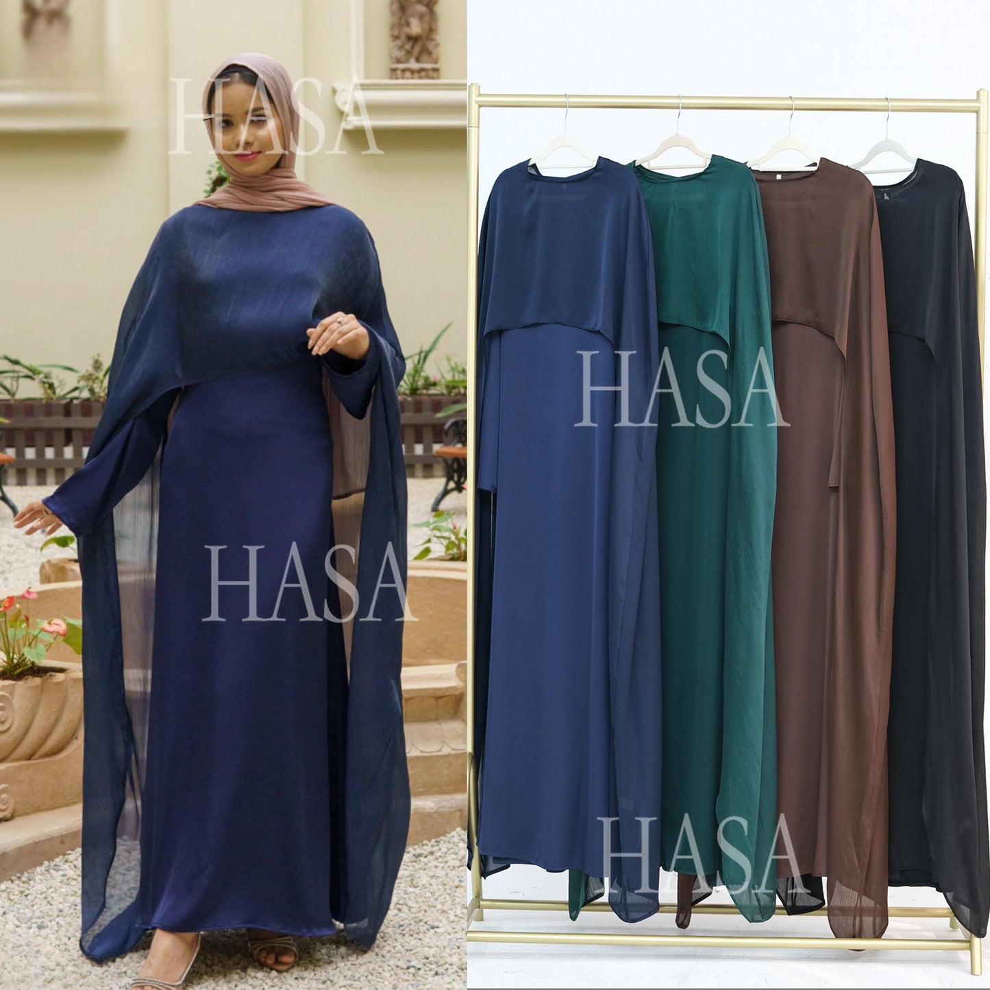 HA5870 Elegant drape two-piece robe dress-Light luxury street style abaya girl
