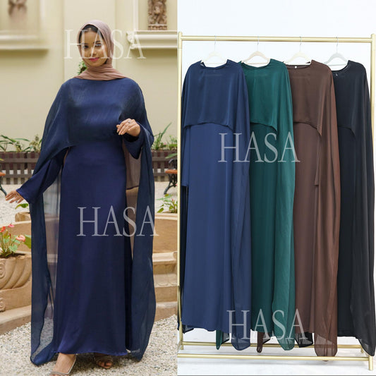 HA5870 Elegant drape two-piece robe dress-Light luxury street style abaya girl