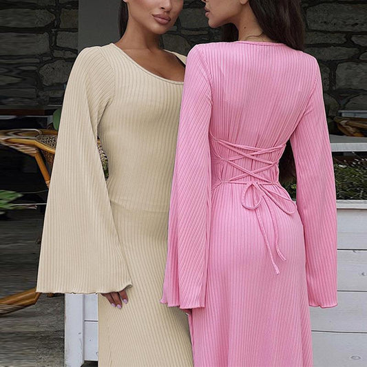 HAYA HAYA0676 Flared Long Sleeved High Waist Maxi Skirt with Lace-up Back