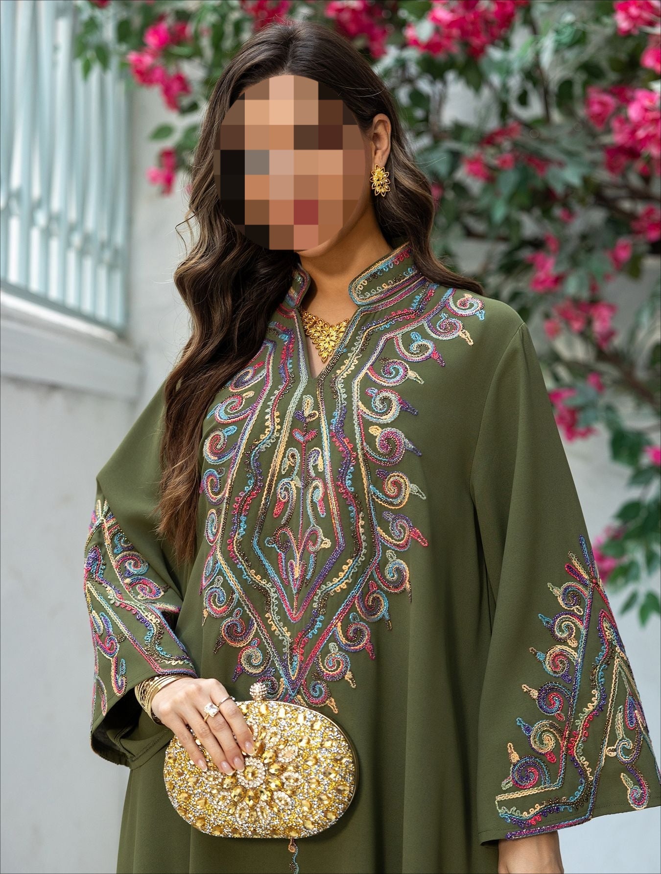 HA6669 Pullover Embroidered Robe Dress with Simple Long Sleeves