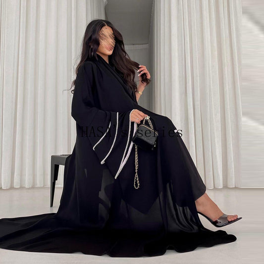 HS5093 Elegant black cardigan-style long robe with wide sleeves and a round-neck dress design featuring beaded embellishments.