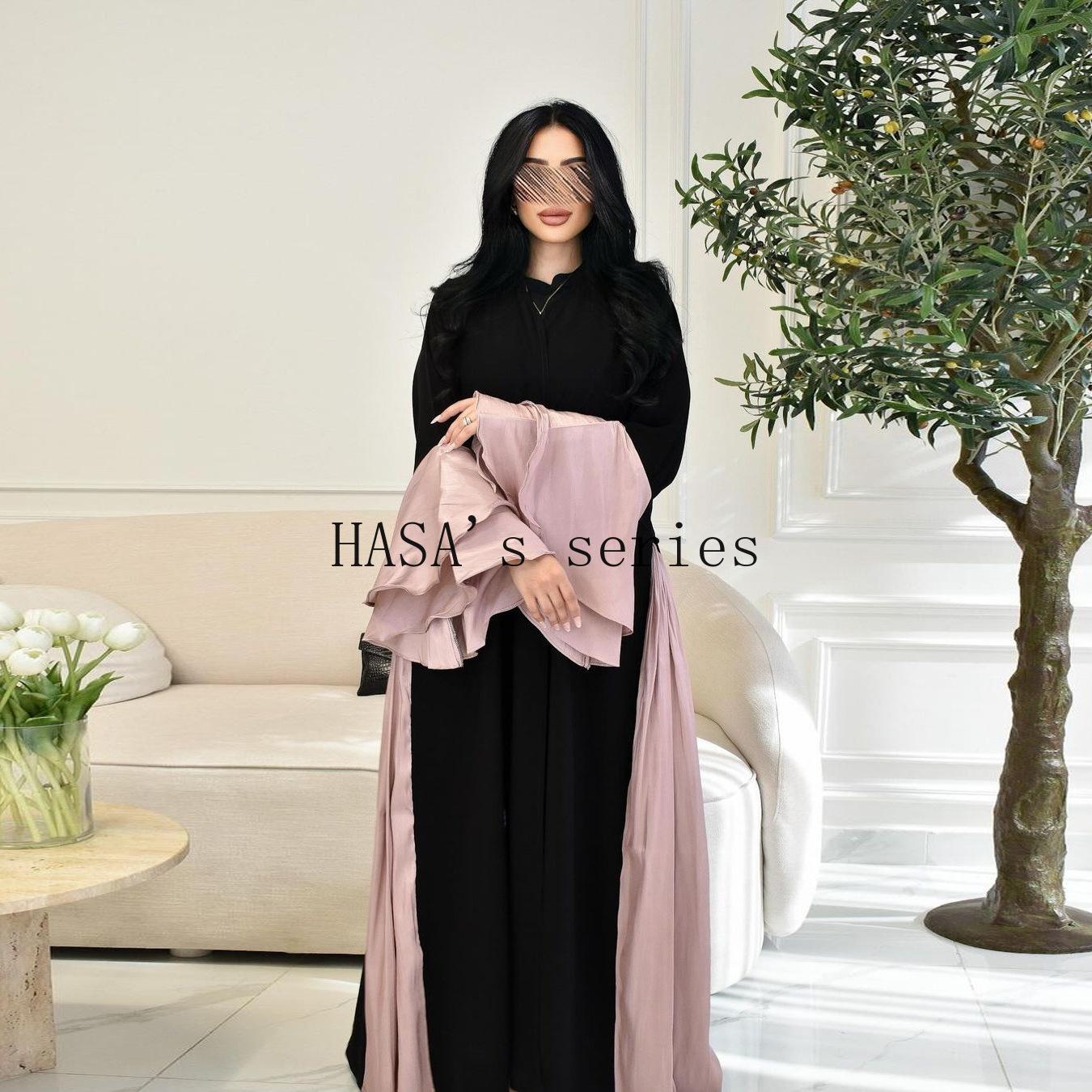 HS5106 A Soft and Elegant Long Satin Dress with Classic Design and Ruffled Sleeves.