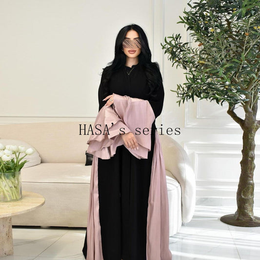 HS5106 A Soft and Elegant Long Satin Dress with Classic Design and Ruffled Sleeves.