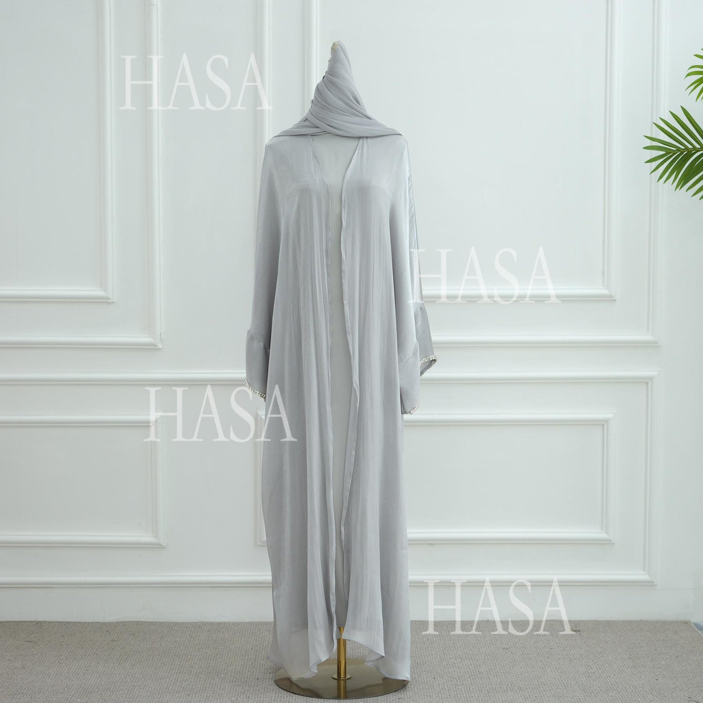 HA6553  Two-Piece Solid Abaya with Beaded Details and Matching Scarf Option