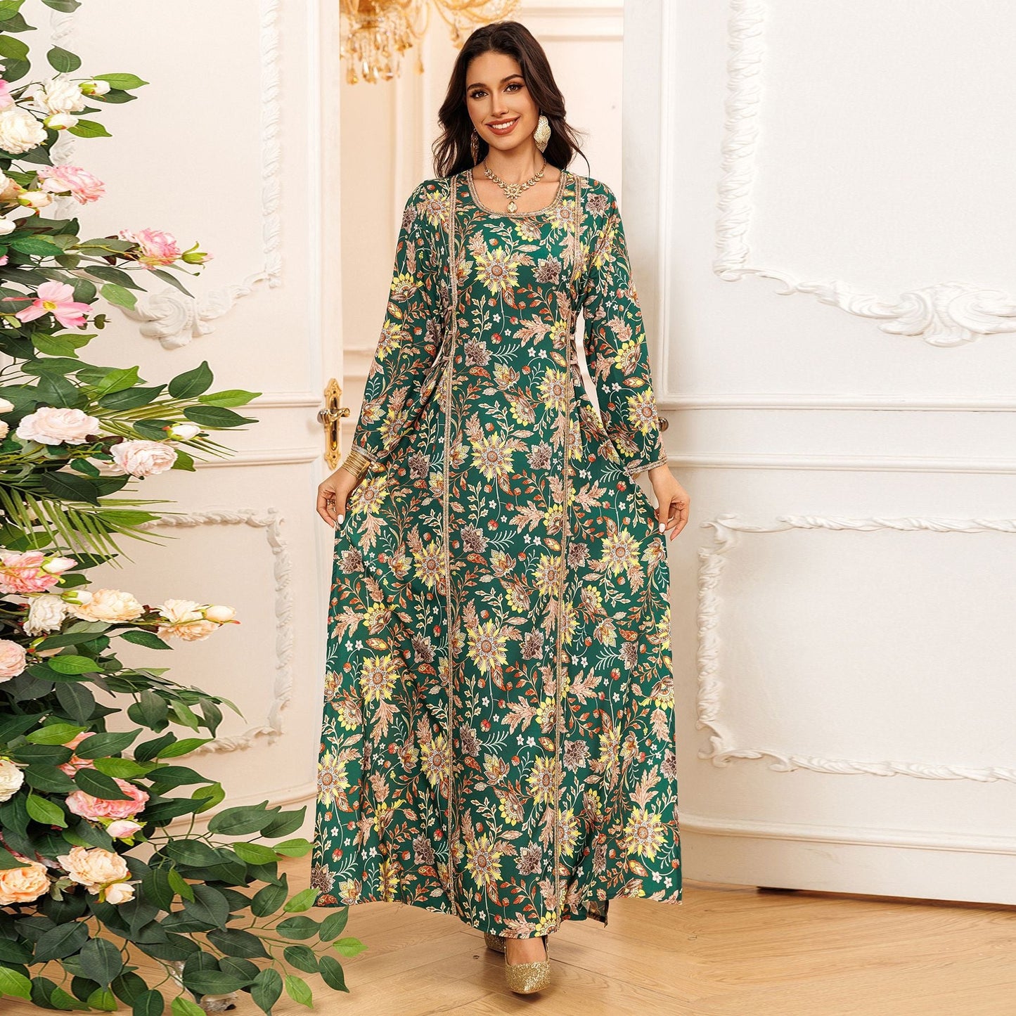 HA6641 Printed Rhinestone Long Dress
