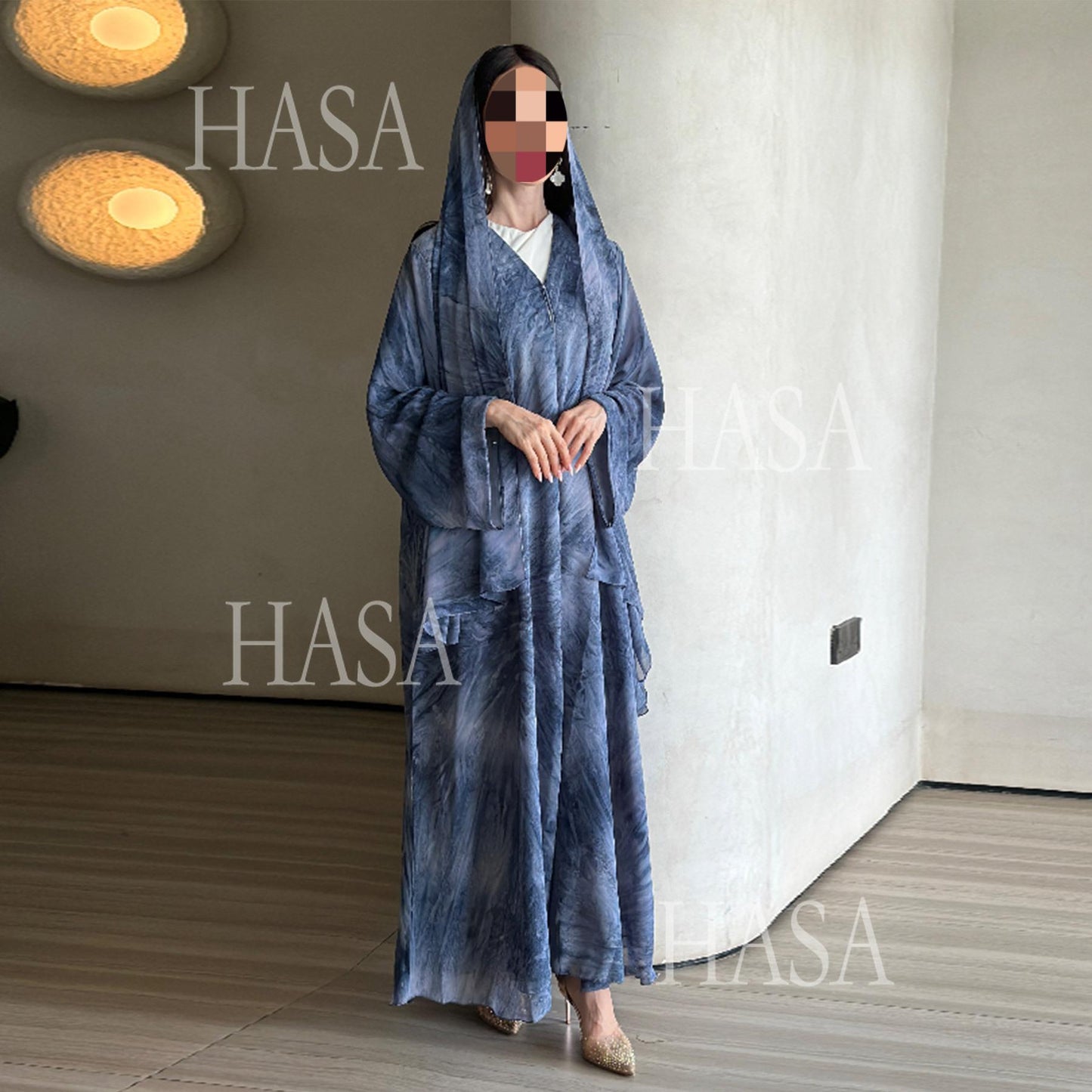 HA6551 Printed Abaya Cardigan with Matching Scarf Two-Piece Set