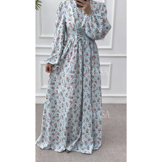 HA6489 Long-sleeved Floral Maxi Dress with Natural Waist