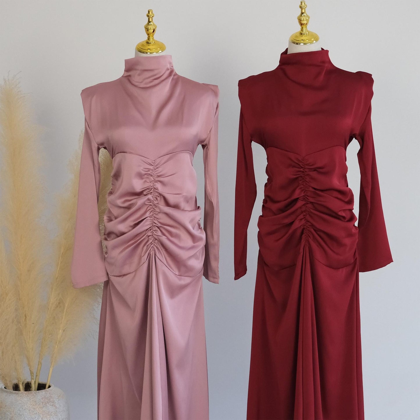 HAYA HAYA1020 Solid Color High Neck Slimming Robe Dress