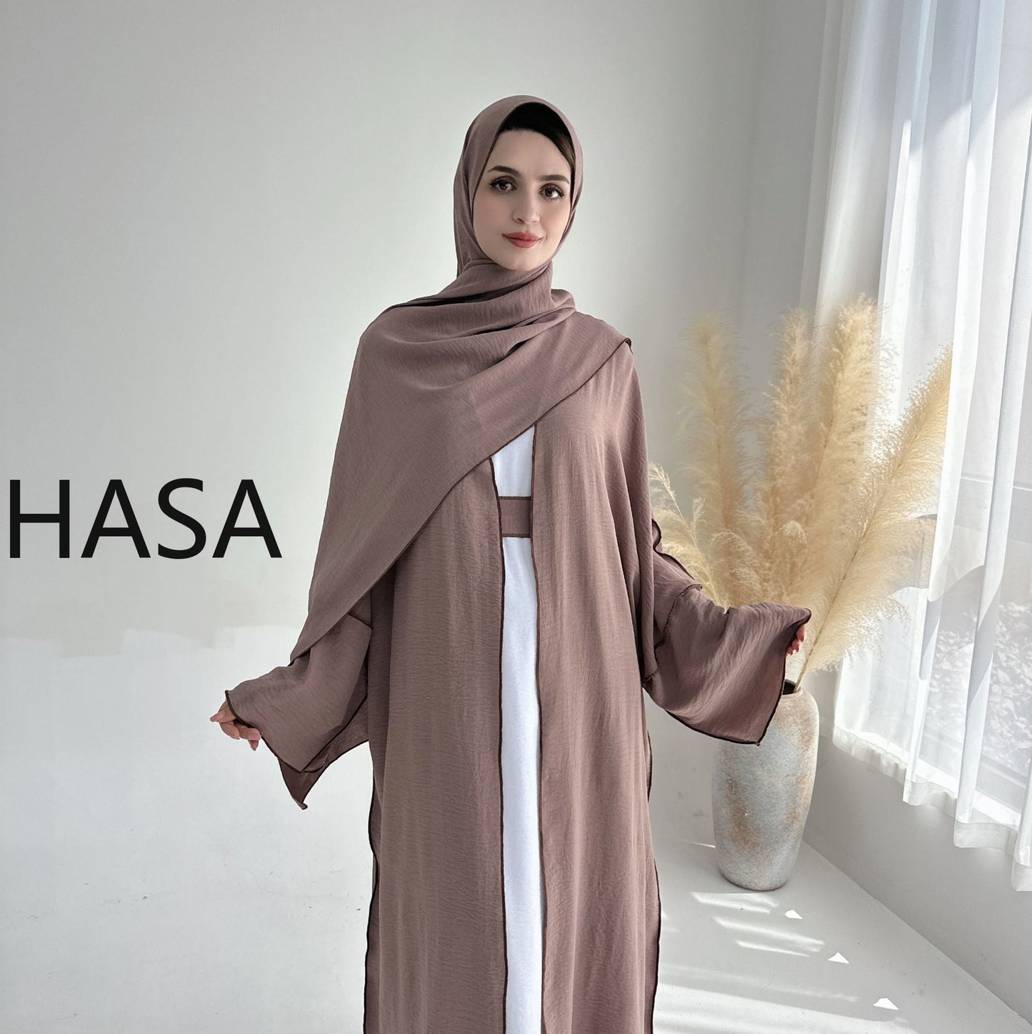 HASA HA1246H 2 PCS SET Crepe Solid Color Loose Hem Cardigan Robe with Hijab