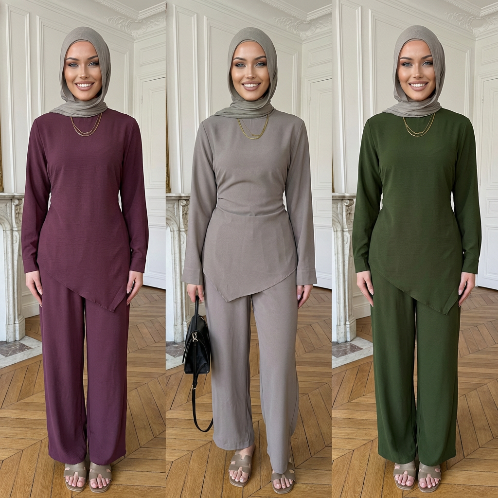 HA6614 Modest Nida Two-Piece Set with Waist Tie & Pocket Trousers
