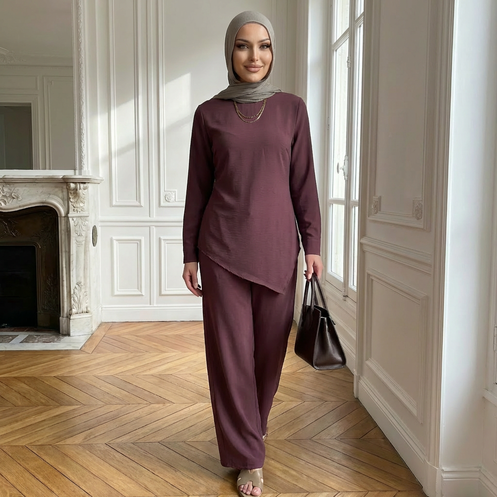 HA6614 Modest Nida Two-Piece Set with Waist Tie & Pocket Trousers