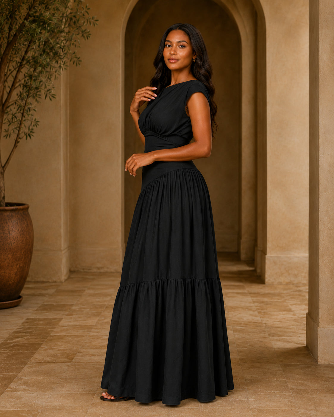 HA1641 Women's Sleeveless Pleated Loose Fit Maxi Dress