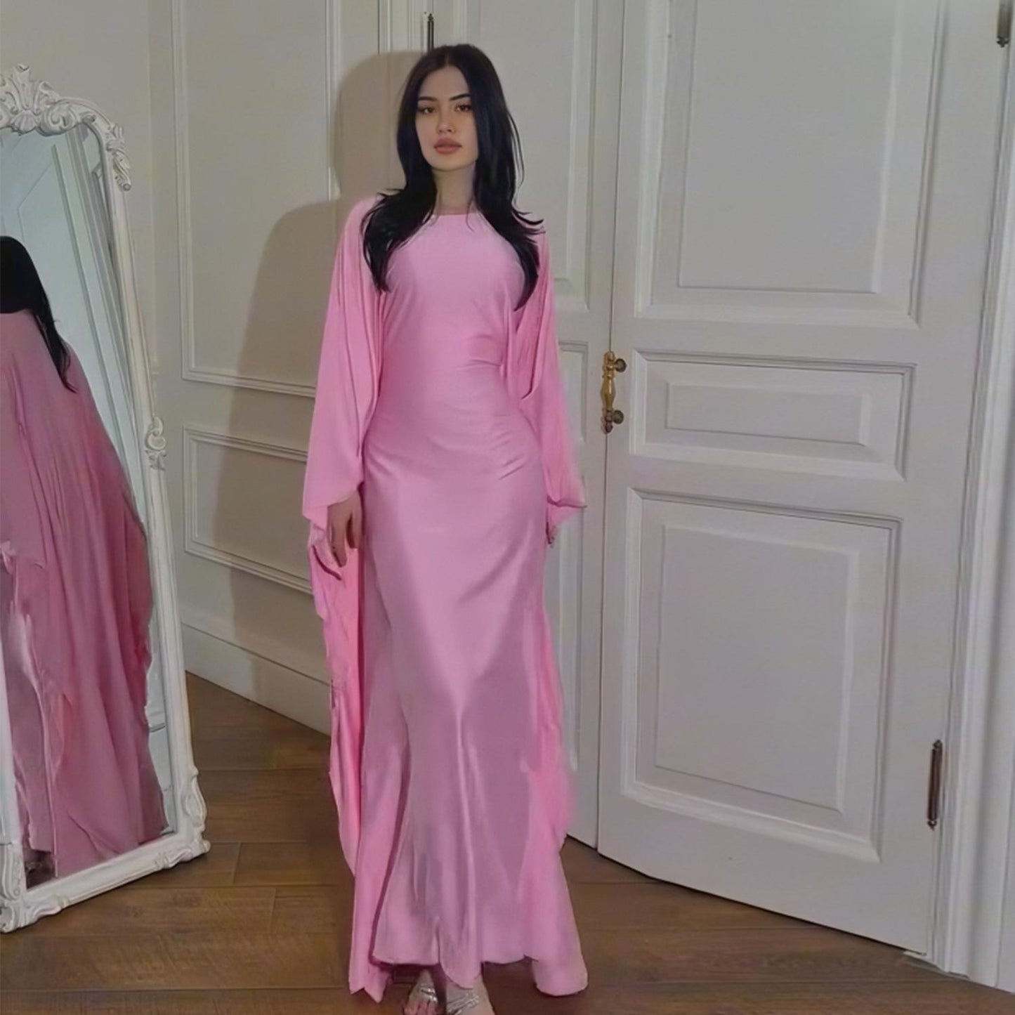 HA1504 Satin Batwing Sleeve Kaftan with Inner Belt