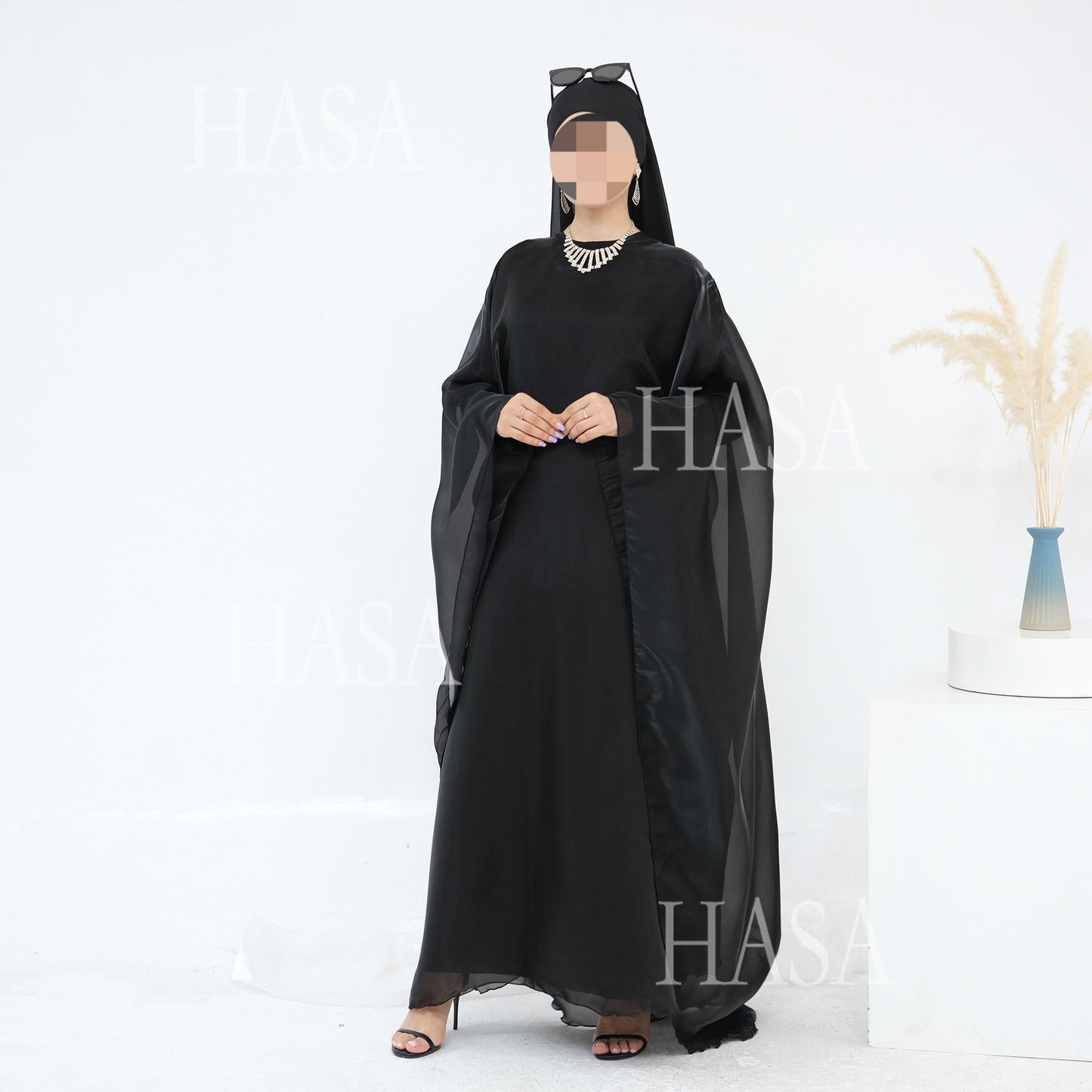 HA6524 Elegant two-piece solid-color robe and dress with optional headscarf