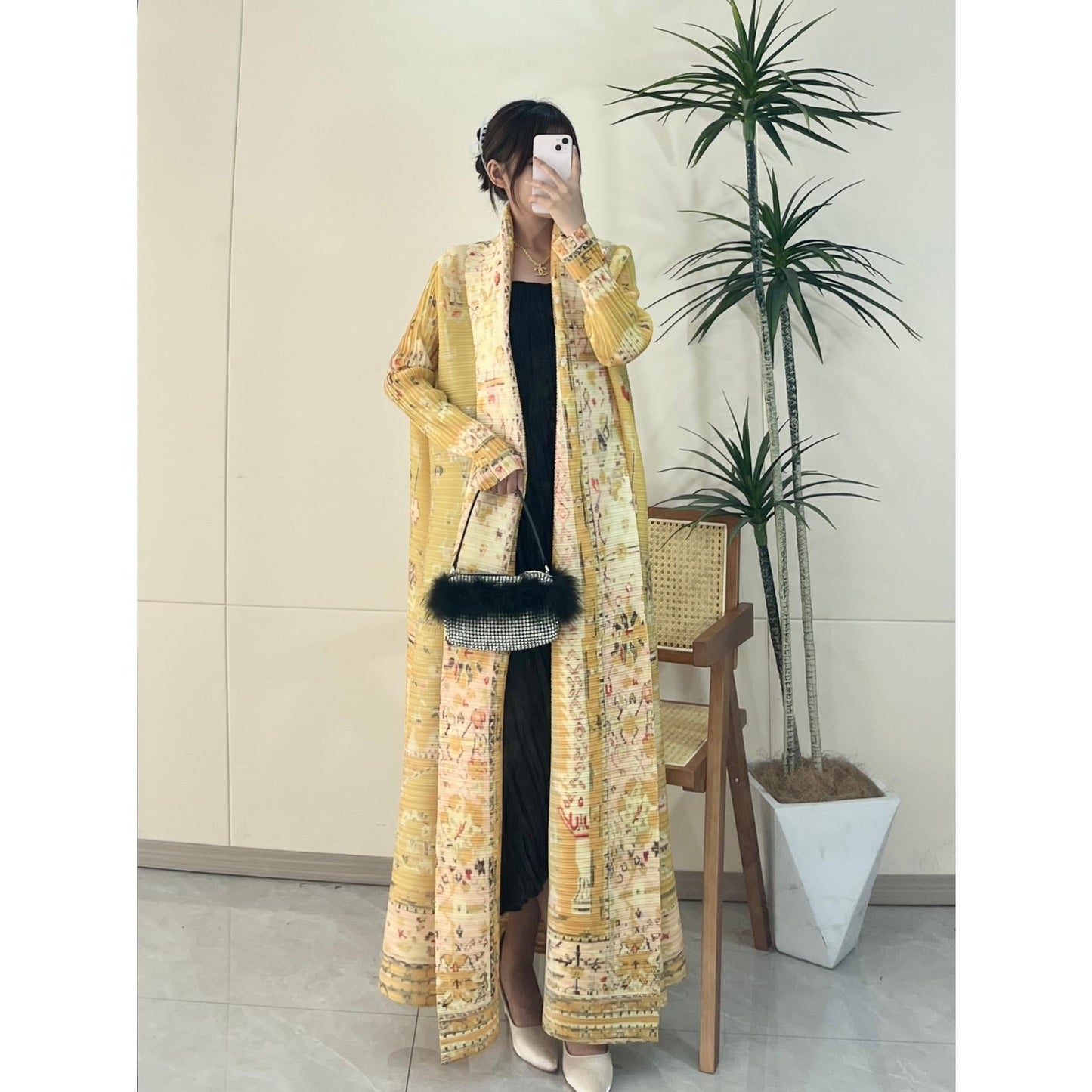 HS5843 Retro Warm Yellow Floral Textured Open-front Long Coat