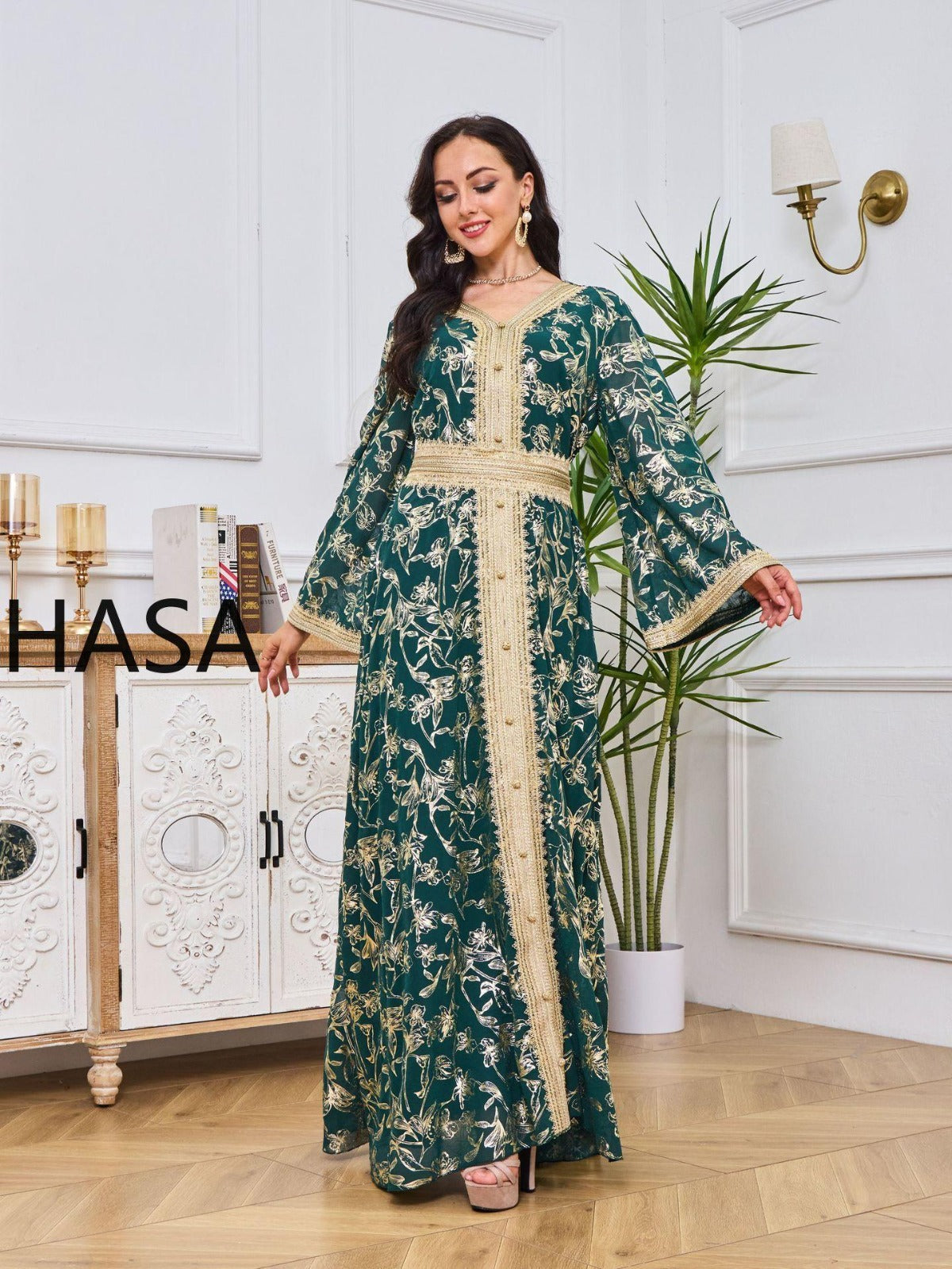 HA1249 Elegant Floral Abaya with Golden Detailing