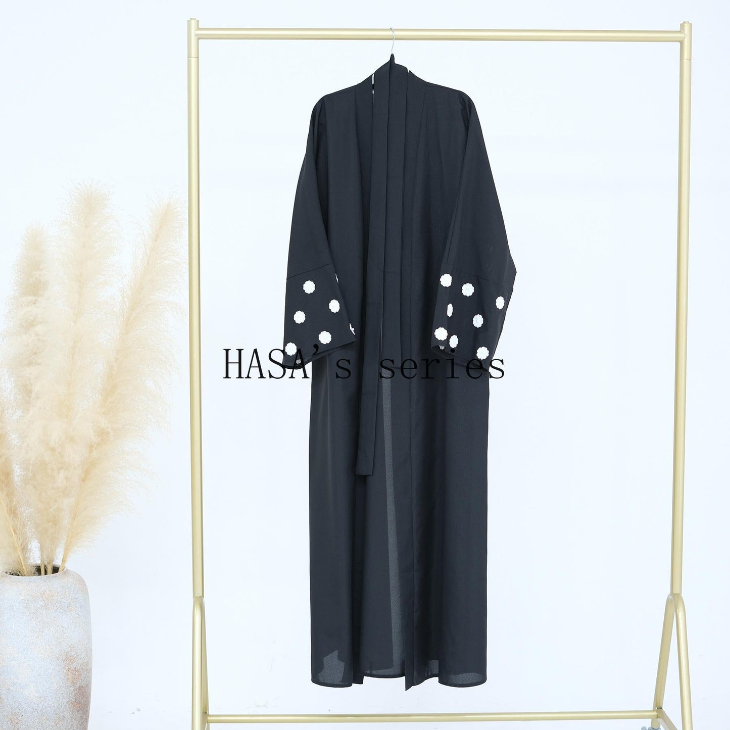 HS4853 A Long Robe Embroidered with Cherry Blossom Elements and Beaded Details, Showcasing A Delicate Texture in Its Simplicity.