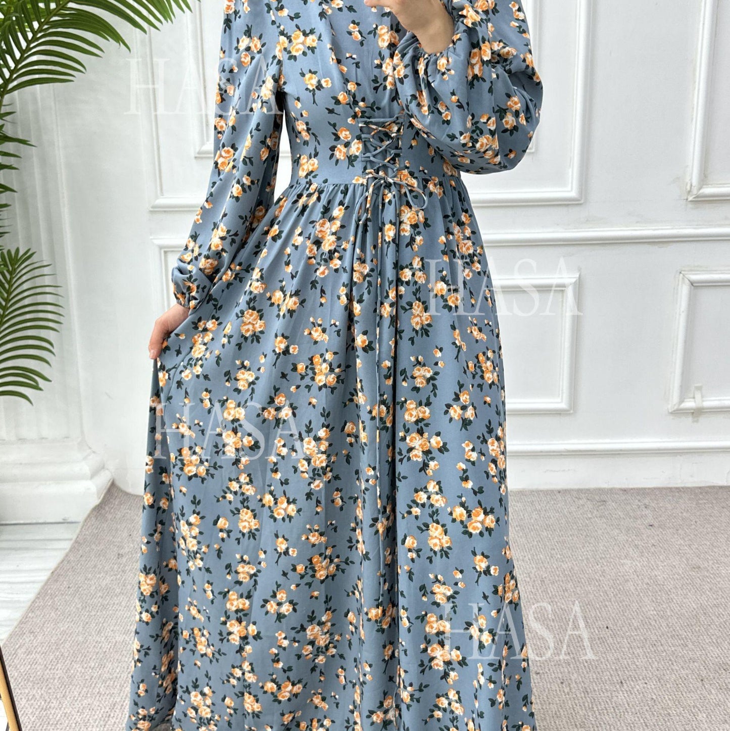 HA6489 Long-sleeved Floral Maxi Dress with Natural Waist