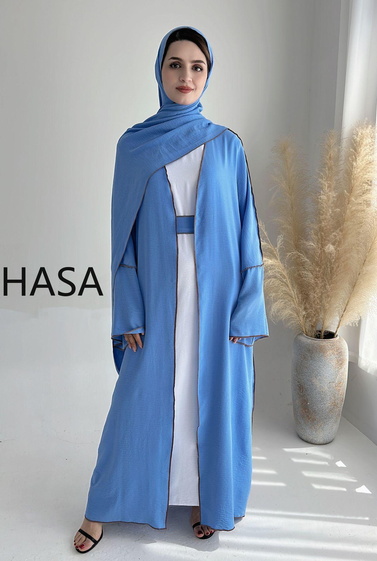HASA HA1246H 2 PCS SET Crepe Solid Color Loose Hem Cardigan Robe with Hijab