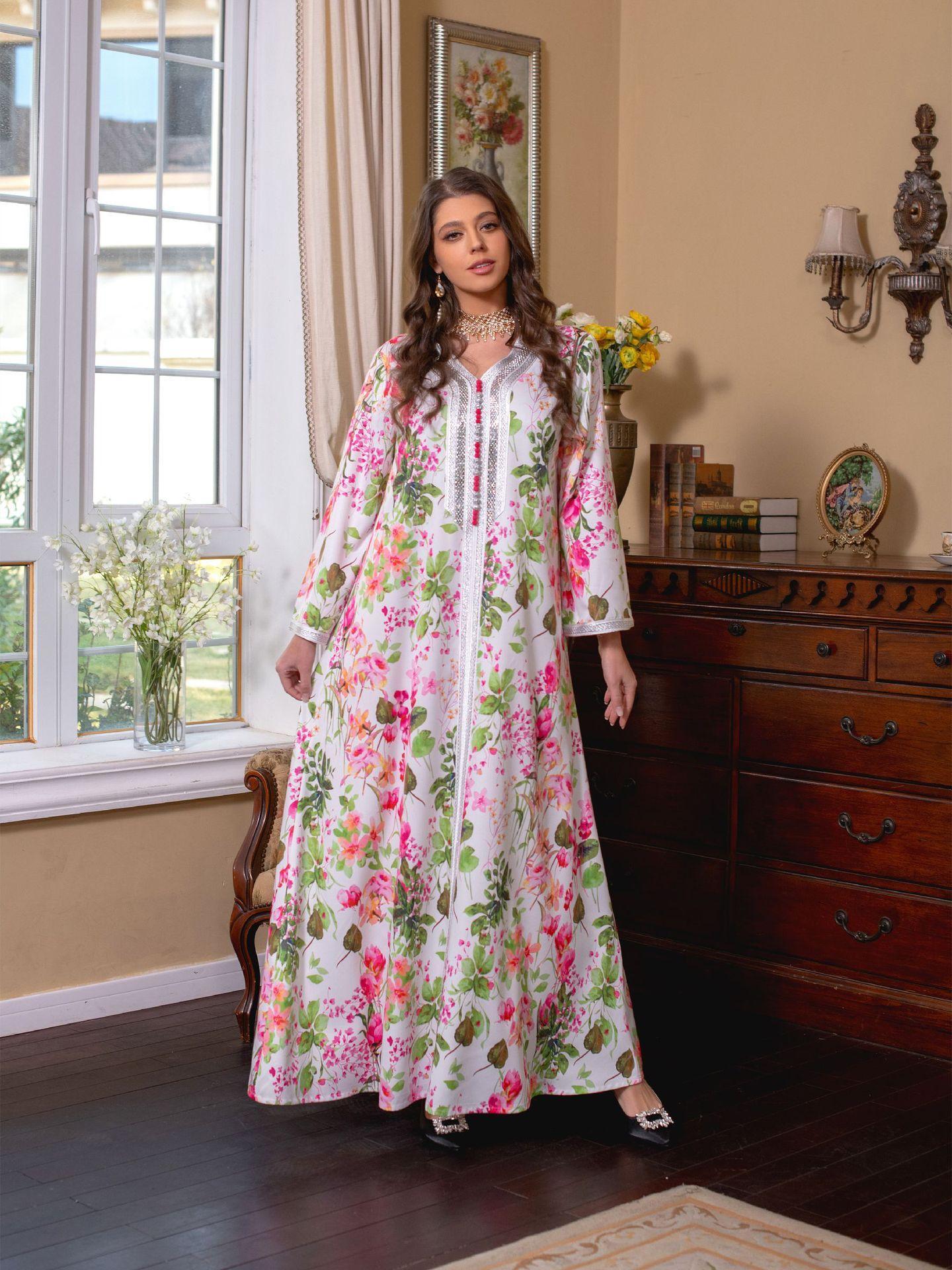 HAYA HAYA1075 Abaya Robe New Printed Rhinestone Dress