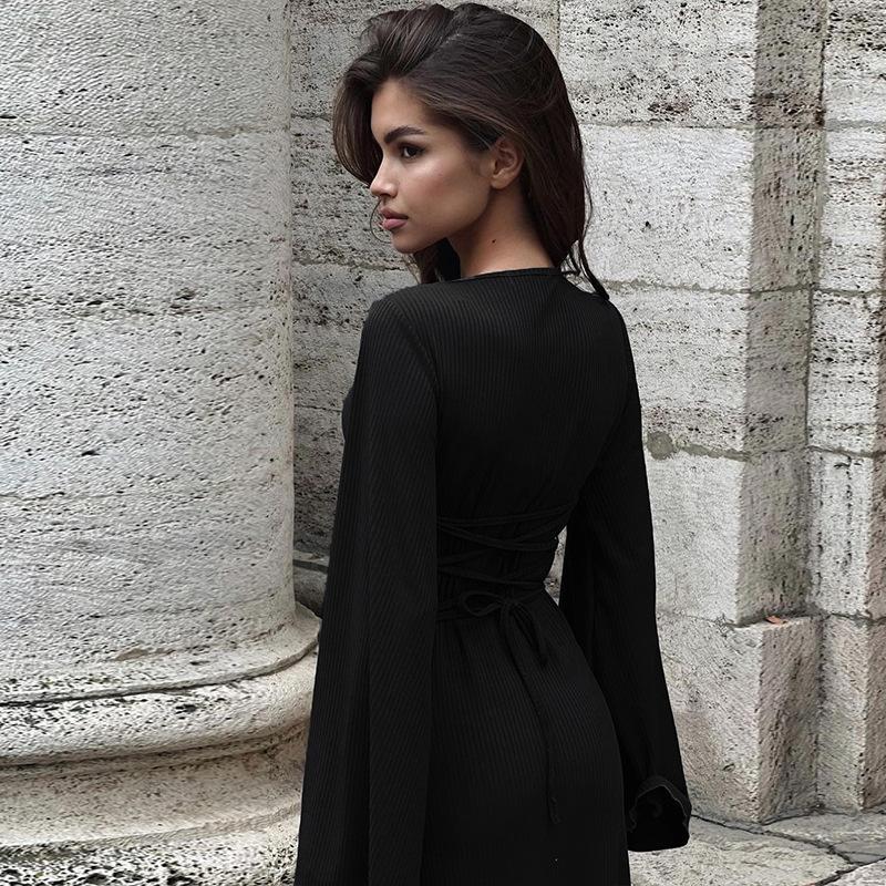 HAYA HAYA0676 Flared Long Sleeved High Waist Maxi Skirt with Lace-up Back