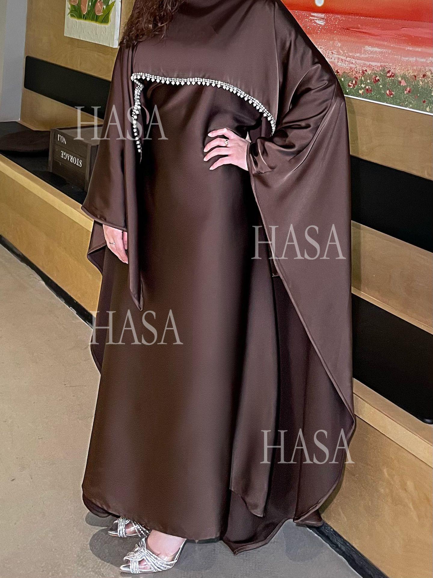 HA6476 Long Sleeves Glossy Robe with Pearl Embellishment
