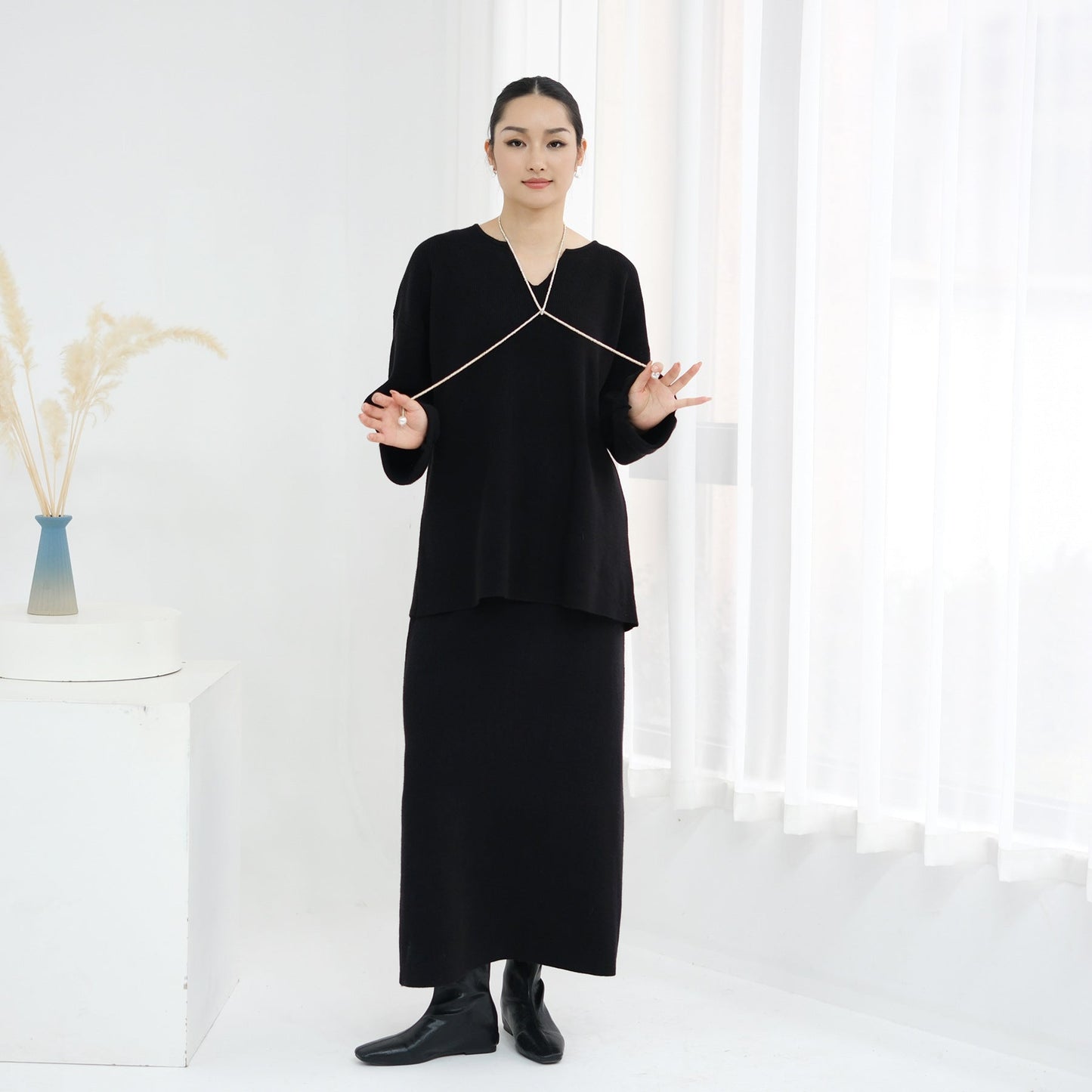 HA6601 Autumn and Winter Thickened Knitted Suit Solid Color Two-piece Skirt Suit (optional Headscarf)