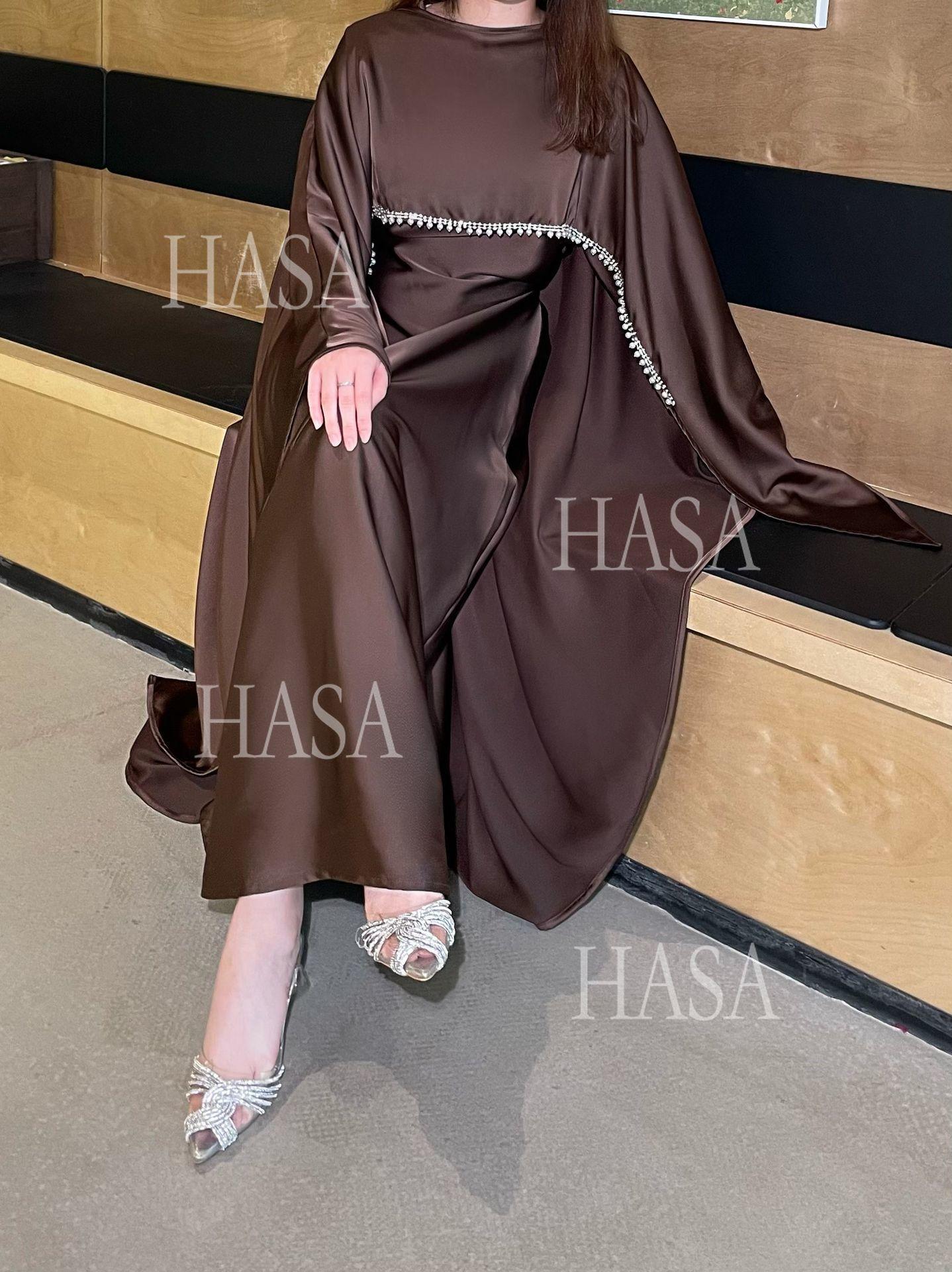 HA6476 Long Sleeves Glossy Robe with Pearl Embellishment