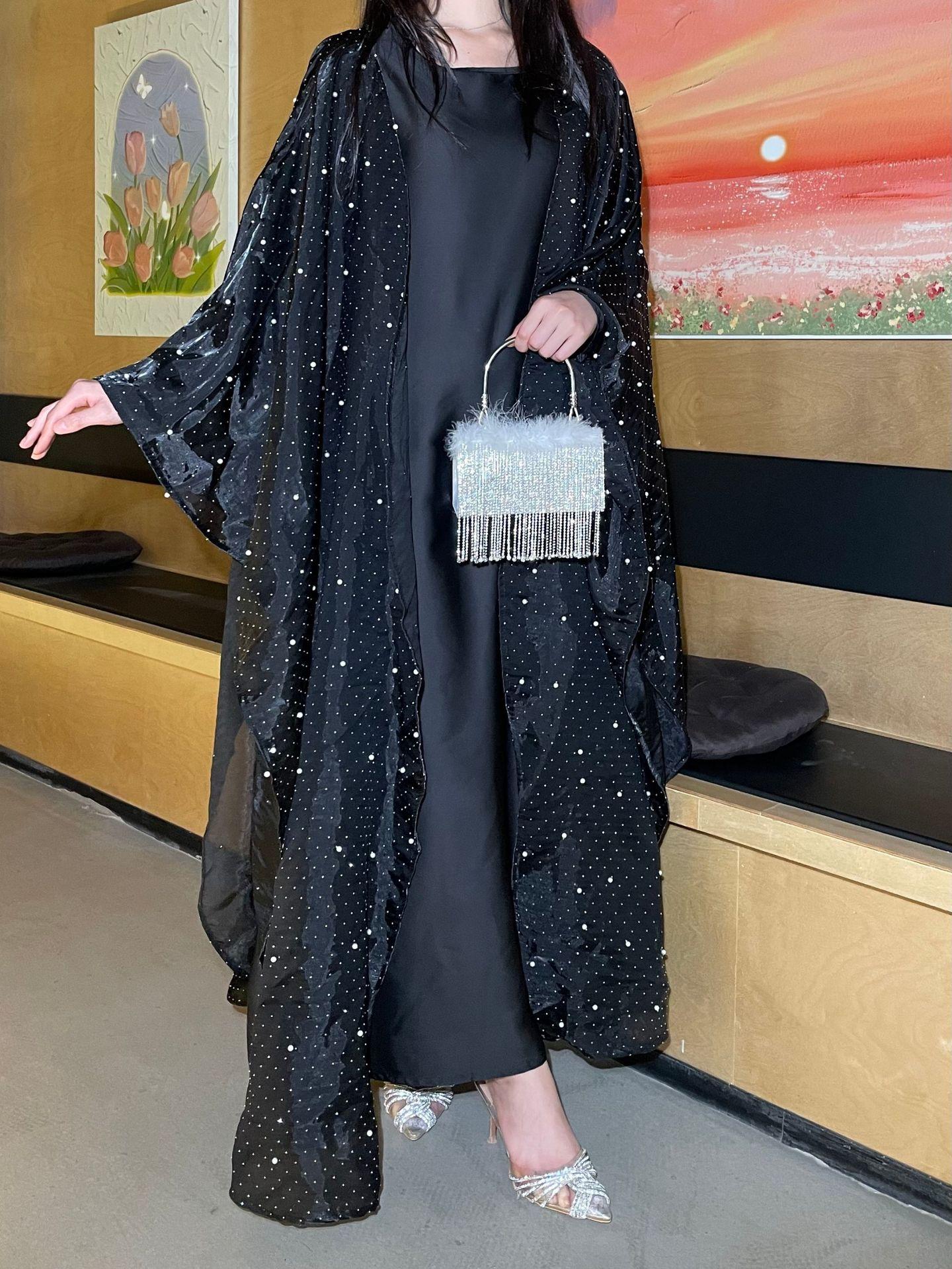 HA6540 Elegant Rhinestone Abaya Two-Piece Set with Outer Cape