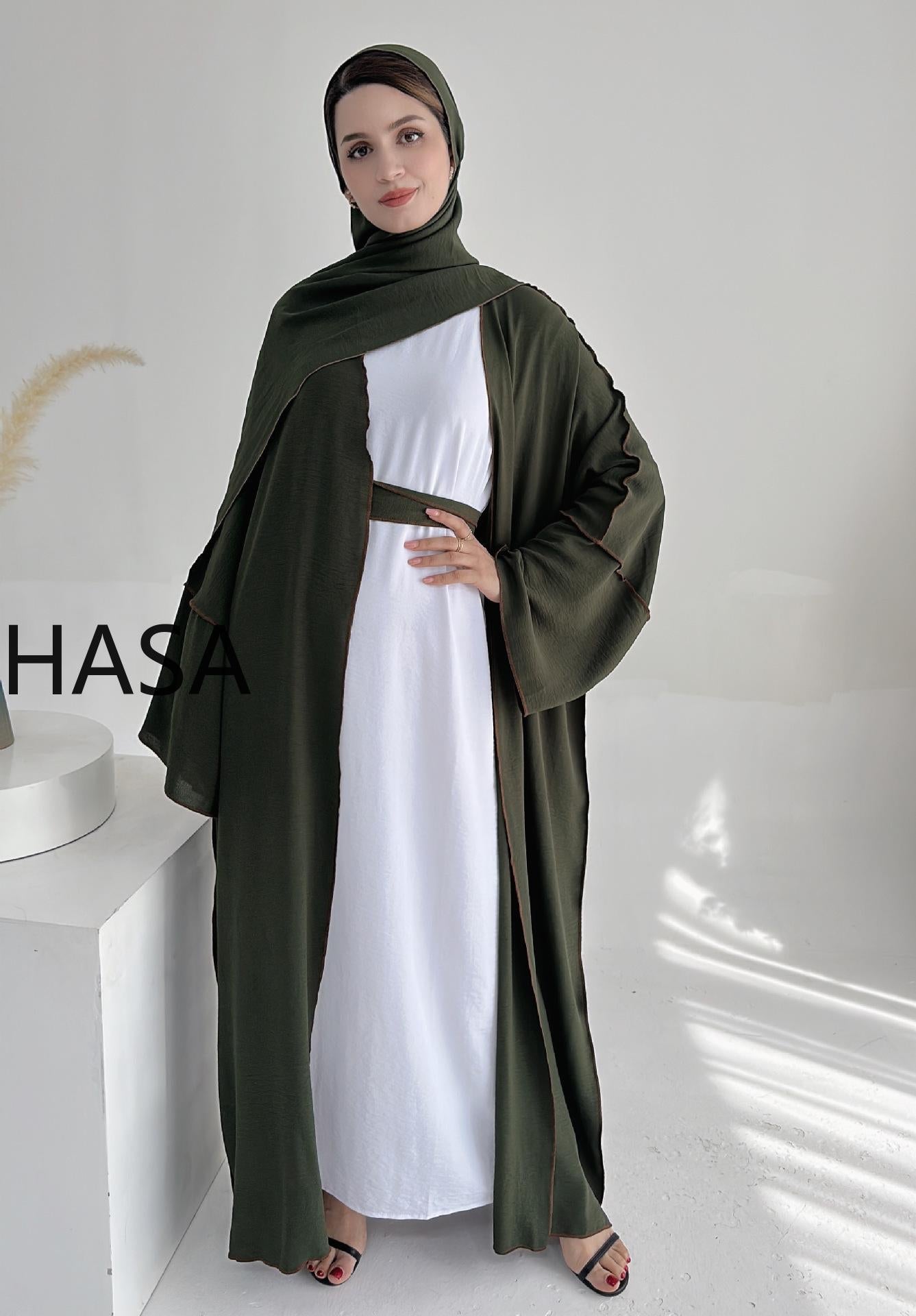 HASA HA1246H 2 PCS SET Crepe Solid Color Loose Hem Cardigan Robe with Hijab