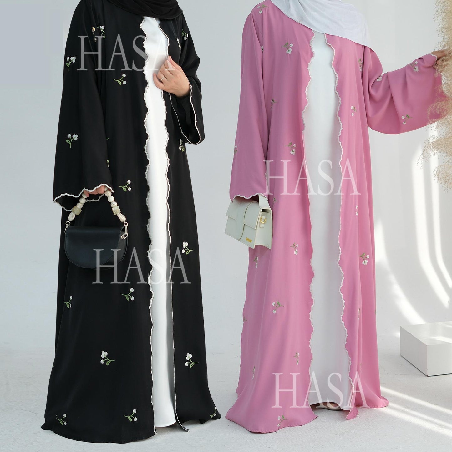 HA6472 Longline Cardigan with Delicate Floral Details and Curved Edging