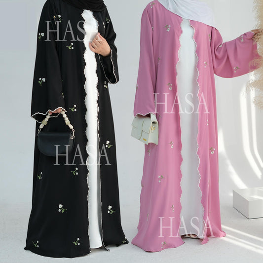 HA6472 Longline Cardigan with Delicate Floral Details and Curved Edging